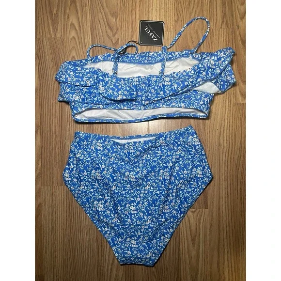 Zaful Women's Two Piece Blue Floral Bathing Suit Size M - Picture 2 of 3